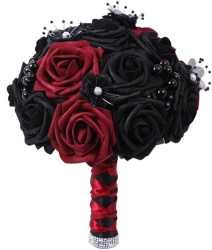 Wiywef Gothic Wedding Bride Bouquet, Artificial Black Rose Flowers Bouquet, Fake Bouquets for Bridal Bridesmaid Wedding Engagement