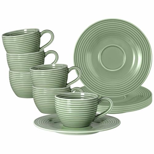 Seltmann Weiden Beat Color Glaze Espresso-Set 12-teilig – Modernes Porzellan mit Rillenrelief in Trendfarben, 6 Espressotassen & Untertassen, Spülmaschinen- & Mikrowellenfest – Salbeigrün