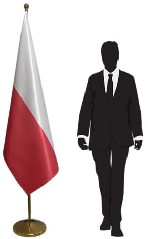 Bandera oficial Polonia con pie y mástil de acero inoxidable – bandera protocolaria para embajadas y oficinas. Pie Ø 360 mm, acero inoxidable acabado dorado, hampa punta redonda. Código CN7-PL