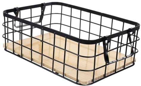 WEKADRIN Cesta De Almacenamiento De Alambre Pequeña 32x22x11 Cm Asas De Hierro y Fondo De Madera Resistente Antioxidante Para Frutas y Verduras En Cocina y Hogar