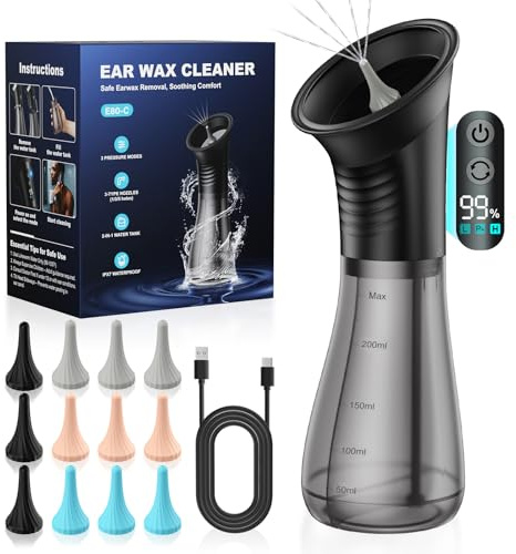 Ear Wax Removal with One-Piece Waste Tank, Powered Ear Wax Remover, IPX7, 5000mAh, 12 Tips, 3 Pressure Modes, Safe & Effective Ear Cleaning Electric Water Irrigation System at Home
