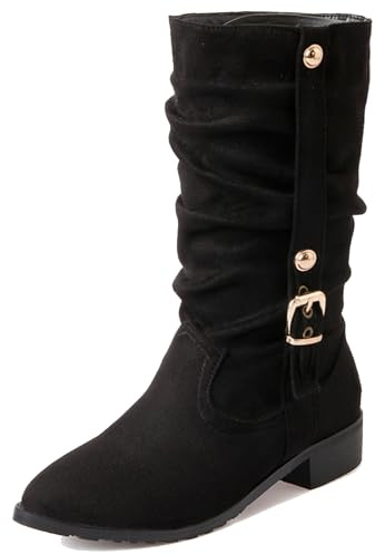 LarDorLin Donna Appuntito a Collo Alto Fibbia Slouchy Stivali da Equitazione Comodo Tacco a Blocco Inverno Warm Equestrian Vintage Nero/ML Numero 36.5 EU (37 CN)