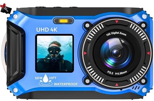 Appareil photo numérique – Caméra sous-marine 4K 56 MP 10 m UHD pour plongée avec tuba avec carte de 32 Go, double écran, compact, étanche, résistant à la poussière – Appareil photo numérique