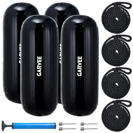 Garvee Robuste, aufblasbare Bootsfender 4er Set 10x28 Zoll, Mit Seilen | Schutz für Ponton, Segelboot & Yacht, Handpumpe & Aufbewahrungstasche, Perfekt zum sicheren Anlegen, Schwarz