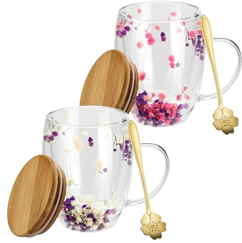 2 tazas de café de doble pared con flor seca, vasos de doble pared de 350 ml con asa, vasos de cristal de doble capa, flores secas, vasos de café Macchiato con flores secas para té
