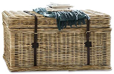 Loberon Truhe Finette, traditionelles Flechtwerk, nostalgischer Look, robust, Aufbewahrung, Mahagoniholz, Rattan, Büffelleder, braun
