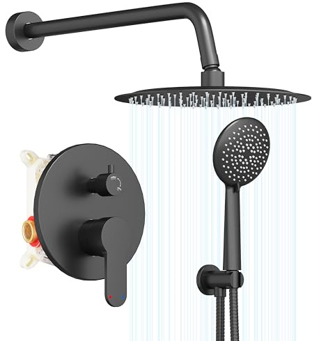 Gabrylly Shower System Black, Pressure Balance Shower Faucet Set, 10 Stainless Steel Rain Shower head with 5-Mode Handheld Shower Spray Combo,High Pressure Rainfall Shower Head Set, Matte Black