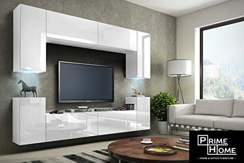 Furnitech Wohnwand | Möbel mit LED RGB - 16 Farben | Hängend Modern | Schrankwand mit Regale und TV Schrank (Future C1/HG/W/2 1A)