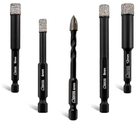 SHDIATOOL Punte Diamantate per Trapano - 6/8/10/12mm e Punta in Carburo da 6mm - Per Vetro, Ceramica, Granito, Marmo e Altro - Molto Resistente - Codolo Esagonale