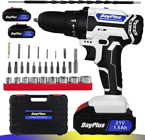 21V Akkuschrauber Set, Akku Bohrschrauber mit 2x1500mAh Akkus, 45 N.m Max Schlagbohrschrauber, Drehmoment auf 25+1 Stufen, 3/8 Eisenfutter, LED Licht, 2 Gänge, Schnelles Aufladen Akku Bohrmaschine