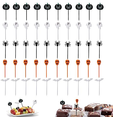 Vastsea 50 stycken halloween cupcake-toppar, fruktgafflar, cocktailplock, återanvändbara fruktgafflar plast halloween plock, för halloween tårtdekoration