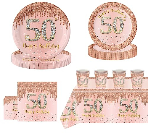 POPOYU 69 Stück 50 Geburtstag Party Geschirr,Deko 50. geburtstag Frauen,Teller und Becher zum 50.,Pappteller 50 Geburtstag Rosegold,Servietten,Becher und Tischdecke für Frauen Geburtstagsfeier Dekor