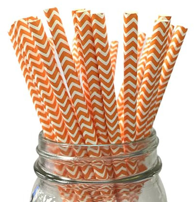 LUMOUS ROLA Paper Straws, Drinking Straws Assorted Bio Degradable Drinking Paper Straws Wedding Party, Party Straws, Restaurant, Juice Drinking Straws (25X White with Orange Chevron)