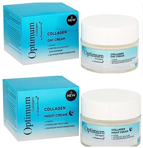 Superdrug Optimum Collagen Feuchtigkeitsspendende Tagescreme mit LSF 50 ml und UVA- und UVB-Filtern + Nachtcreme 50 ml mit Peptid und Mineralien - BUNDLE 2er-Set