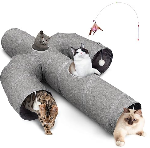 Ownpets Cat Tunnel Large 12 inch Diameter Sturdy Oxford Fabric Cat Tunnel Toy, Cactus Shape Collapsible Cat Tunnels for Indoor Cats,Interactive Peek Hole Pet Tunnel Tube with Cat Wand Toy