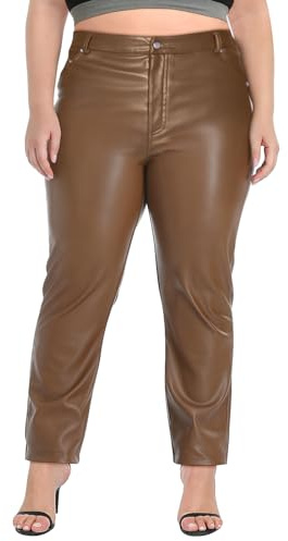 HDE Women's Plus Size Faux Leather Pants High Waist Straight Leg Pant w/Pockets Brown - 2X