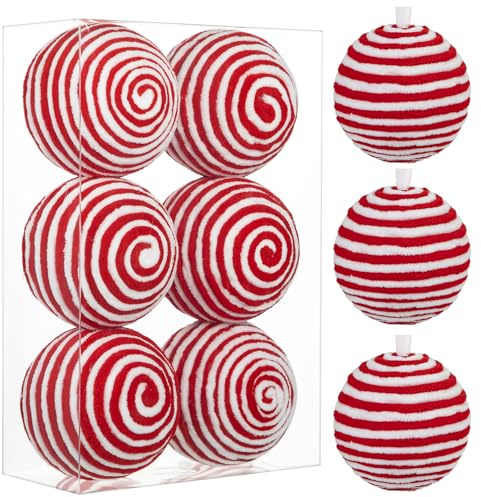 Oairse 10cm Red and White Christmas Ornament Balls, 6PCS Large Decorative Yarn Balls Christmas Baubles Ornament forChristmas Tree Decorations Xmas Halloween Holiday Party Table Centrepiece Decor