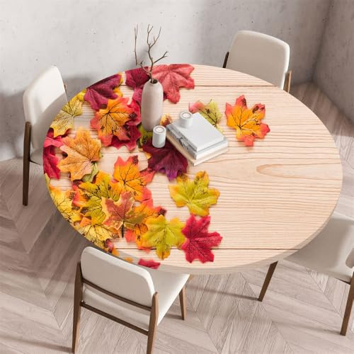Morbuy Rund Tischdecke Wachstuch Elastisch, Gartentischdecke Wasserdicht Schmutzabweisend Bunte Blumen Tischtuch für Dekoration Küchentisch Kaffee Restaurant Garten (Herbst,100cm)