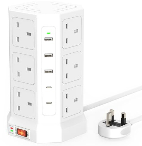 Tower Extension Lead with USB Slots, 12 Way Extension Cable with 3 USB-A & 2 USB-C, 1050J Surge Protected Power Strip with 1.5M (13A/3250W), Plug Extension Socket for Home, Office, School