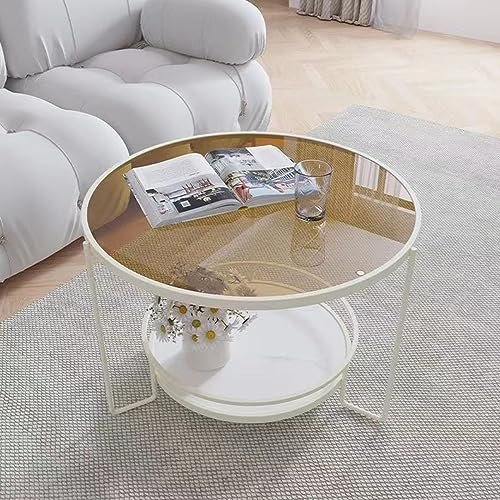 Moderna mesa de centro redonda de cristal de 2 niveles con marcos de metal de almacenamiento, mesa central para sala de estar, comedor, apartamento, color blanco y negro (60 x 45 cm y 80 x 45 cm)