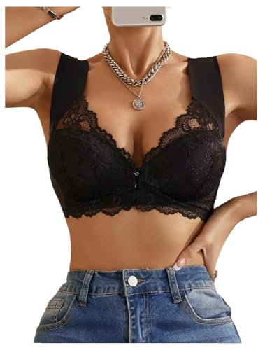 GORGLITTER Women's No Underwire Wireless Front Fastening Bras Medium Support Lace Bralettes Black Medium