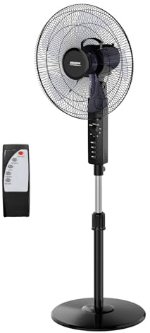 Bonnlo 16 Pedestal Fan with Remote Control, 3 Speeds 5 Blades Floor Fan, 60-120° Wide Oscillation, 115-130cm Adjustable Height, 7.5-Hour Timer, for Home Office Bedroom, Black