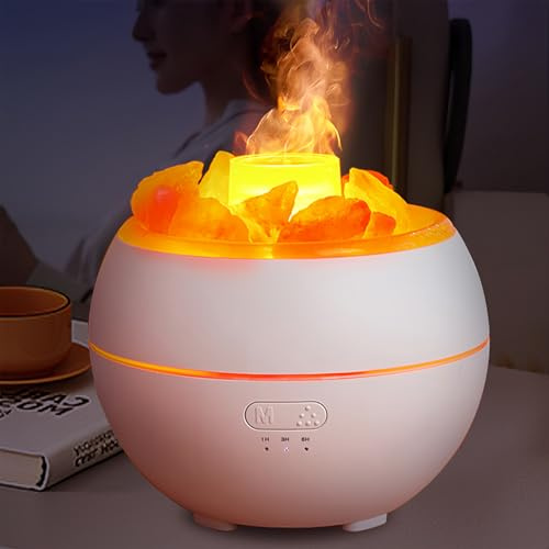 5-in-1 Essential Oil Diffuser & Crystal Himalayan Salt Lamp & Aromatherapy Humidifier & Night Light & Home Decor, Ultrasonic Diffuser with Flame Lighting Safety Auto Shut-Off (white-orange)