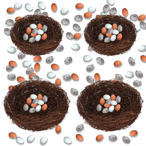 Nido Pajaro Pascua 60 PCS Mini Huevos de Pascua Decorativos y 4 PCS Nido de Pájaro Falso Nidos de Pájaros Artificiales para decoración del hogar, adornos de jardín, decoración de fiesta de Pascua