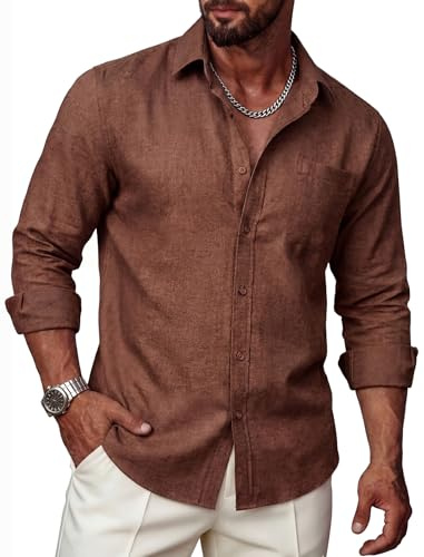 Ailisus Camisa de lino para hombre, manga larga, corte regular, camisa de negocios, camisa de ocio, camisa de verano, camisa de playa, S-3XL