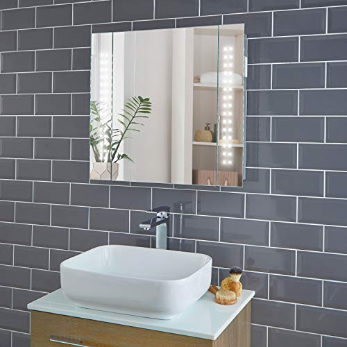 Rowan LED Bathroom Mirror Cabinet, Shaver Socket & Demister Pad - 650x600mm | Soft Close Doors, Wall Mounted, Touch Sensor, Internal Shelving, Aluminium Construction, IP44 Rated, Fully Assembled