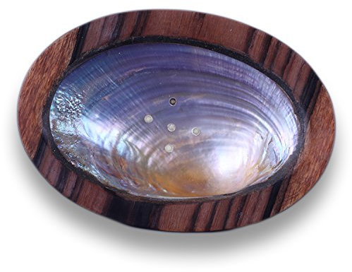 Seifenschale aus Holz und eingelegtem Stück Muschel Oval mit Ablaufrinnel - verlängert hygienisch die Lebensdauer ihrer Seife