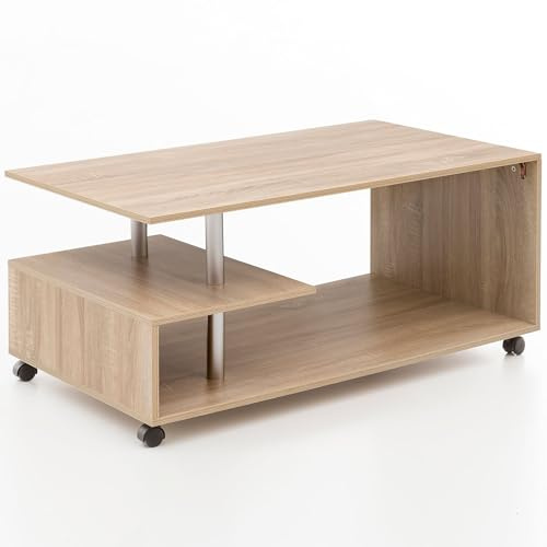 FineBuy Couchtisch 105x60x48,5 cm Drehbar mit Rollen, Wohnzimmertisch | Sofatisch mit 2 geräumigen Ablageflächen, schwenkbare Tischplatte, Loungetisch Holz, Kaffeetisch mit Stauraum