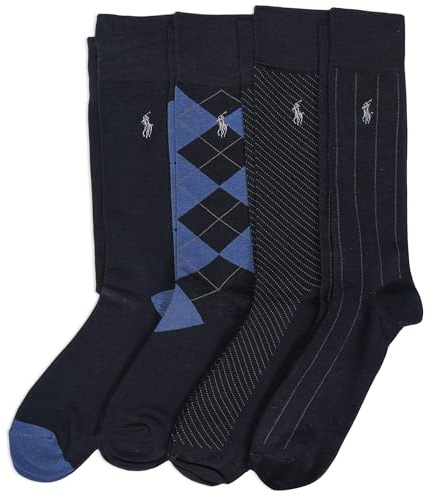 POLO RALPH LAUREN Men's Assorted Pattern Dress Crew Socks 4 Pair Pack - Soft and Lightweight Cotton Comfort, Blue, 6-12.5