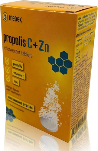 MEDEX Tabletas de propóleo de abeja natural - Vitamina C con tabletas efervescentes de zinc para el mantenimiento del apoyo inmunológico Suplemento de defensa extra - 20 tabletas - 80 g