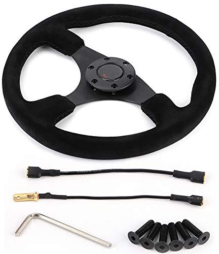 Racing Lenkrad 350 mm (14 Zoll) für Style 6-Loch Black Suede Black Stitching mit Hupenknopf