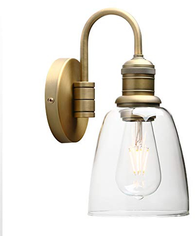 Vintage Wandleuchte Glas Wandlampe für Küche Bad Flur Wohnzimmer Office | Innen Wandleuchte E27 Lampe mit Handgeblasense Glas Lampenschirm und Gold Messing geschwungene Arm Stabile Metall Halterung