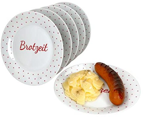 MamboCat 6-teiliges Brotzeit-Teller-Set Berta I Grill-Teller-Set für 6 Personen I Flache Frühstücks-Teller beidseitig glänzend lasiert in Weiß I Hochwertiges Porzellan Geschirr-Set mit Ø 19cm