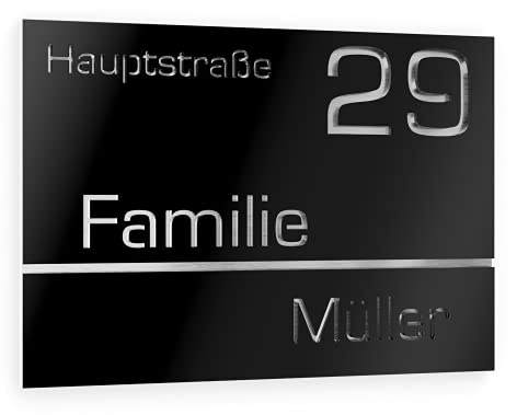 Graviers Design Hausnummer aus V2A Edelstahl 160x110mm - Schwarz - Wetterfest Rostfrei Individuell anpassbar Straße Nummer Familienname - Made in Germany