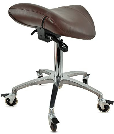 VAKON SALON - Sattelhocker mit Neigung Braun, Sattelstuhl, Rollhocker höhenverstellbar von 55-75 cm, Drehhocker, Praxishocker, Bürohocker, Arbeitshocker