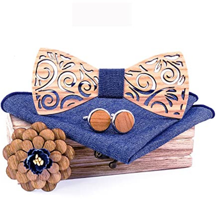 HZQIFEI Noeud Papillon Bois, Ensemble 4 Pièces Noeud Papillon en Bois + Boutons de manchette + Broche + Carré de Poche, Accessoire Mode (Style#20)