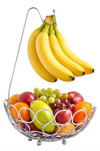 Royal Cuisine Fruit Basket with Banana Hanger/Hook Chrome Wire Modern/Elegant Vegetable Storage Bowl Fixed Holder Stand Home furnishings, Silver