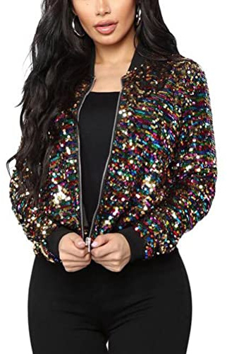 ORANDESIGNE Baseball Jacke Damen Pailletten Reißverschluss Langarm Jacken Frühling Herbst Kurze Jacke Outwear mit Taschen Frauen Retro Casual Baseball Bomberjacke Bikerjacke Übergangsjacke