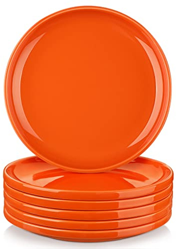 LOVECASA 8 Inch Plates Set for 6, Orange Dish Set Dessert Plate Salad Plates, Ceramic Plates with Lipped Edges, Dinnerware Set Microwave and Dishwasher Safe