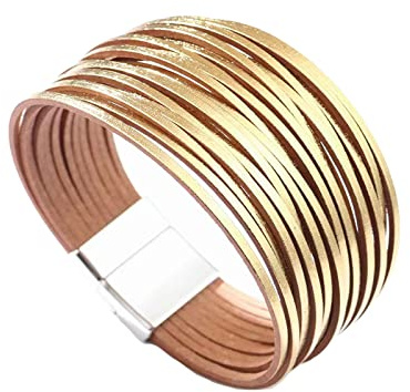 KunBead Jewelry Womens Sparkly Gold Leather Wrap Bracelets Handmade Braided Boho Multilayer Magnetic Buckle Bracelet Wristband Cuff Bangle Birthday Gifts