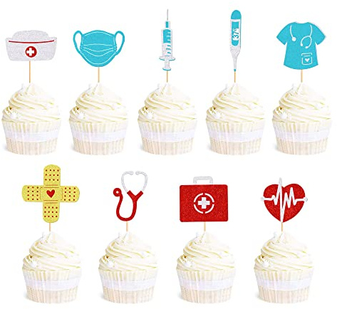 36 Stück Nurse Cupcake Toppers Krankenschwester Tortendeko Glitter Graduierung Medizinische Instrumente Graduierung Tortendeko Medical Rn Nurse Grad Themed Birthday Baby Shower Party Kuchen Dekoendeko