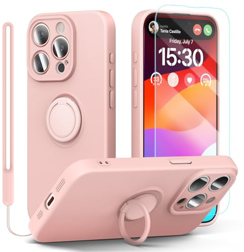 pcgaga Silicone Phone Case for iPhone 15 Pro Max with Screen Protector [Ring Holder Stand] [Wrist Strap] [Microfiber Lining] Slim Shockproof Protective Cover, 6.7, Pink
