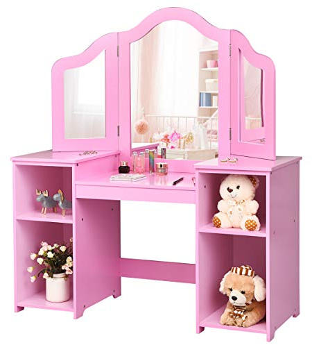 COSTWAY Kids Vanity Set, Children Dressing Table with Stool, Tri-Folding Detachable Mirror, Storage Shelves, Girls Makeup Tables for Playroom Bedroom