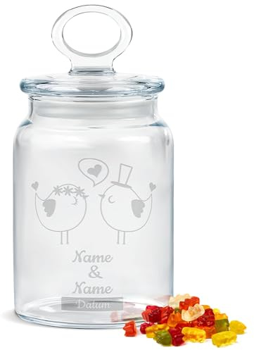 Print Royal PR Personalisierte Keksdose aus Glas mit Gravur zur Hochzeit - 800 ml - Vögel mit Namen und Datum als Geschenk zur Hochzeit | Personalisiertes Geschenk Ideen Hochzeitsgeschenk