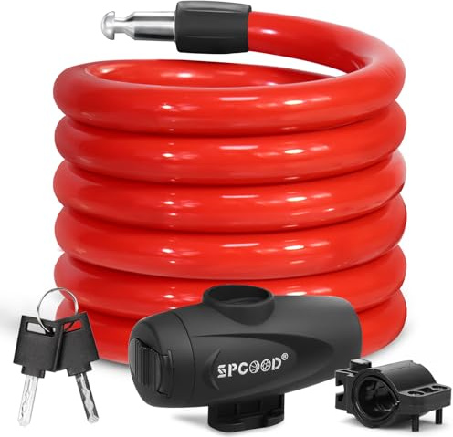 SPGOOD Cykellås 120 cm/12 mm, säkerhetsnivå mycket högt cykelkabellås, spiralkabellås med 2 nycklar, stöldskydd, cykellås för cykel, trehjuling, motorcykel, skoter, babyvagn (röd)