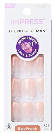 Kiss Impress No Glue Mani Press On Nails, French, 'Heroic', Light Neutral + White Tip French, Short Size, Squoval Shape, Includes 30 Nails, Prep Pad, Instructions Sheet, 1 Manicure Stick, 1 Mini File